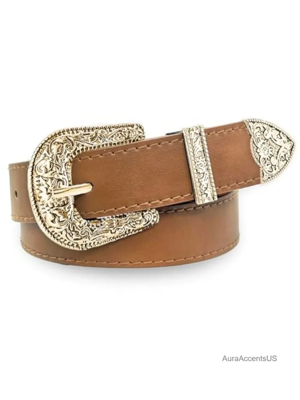 Western Cowgirl Belt PU Leather Engraved Buckle 1.2